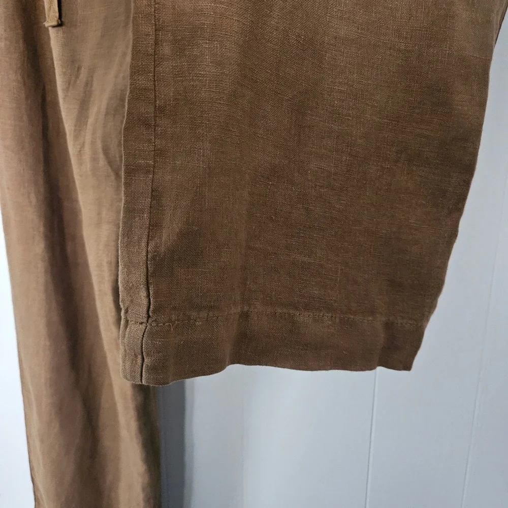 Zara Women Linen Pants M Brown Wide Leg‎ Elastic Waist Drawstring Sustainable